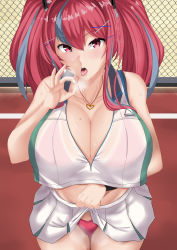 Rule 34 | 1girl, absurdres, azur lane, bare shoulders, blush, bra, breasts, bremerton (azur lane), bremerton (scorching-hot training) (azur lane), chain-link fence, cleavage, clothes lift, commentary, crop top, crop top overhang, english commentary, fellatio gesture, fence, from above, hair ornament, handjob gesture, headgear, heart, heart necklace, highres, large breasts, looking at viewer, midriff, mole, mole on breast, multicolored hair, necklace, open mouth, oral invitation, panties, pleated skirt, pov, red bra, red eyes, red panties, see-through, sexually suggestive, shirt, skirt, skirt lift, sleeveless, sleeveless shirt, solo, sportswear, streaked hair, tennis uniform, thighs, tongue, tongue out, two-tone shirt, two-tone skirt, two side up, underwear, warden (jadol 9), wristband, x hair ornament