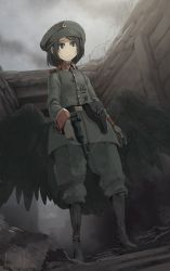 Rule 34 | asterisk kome, belt, black eyes, black hair, black hat, black wings, boots, collar, cross, from below, full body, gloves, gun, handgun, hat, highres, holster, iron cross, low wings, luger p08, medal, military, military uniform, outdoors, red collar, solo, standing, tagme, trench, uniform, weapon, winged fusiliers, wings