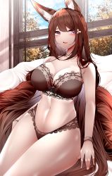 Rule 34 | 1girl, absurdres, amagi (azur lane), animal ear fluff, animal ears, azur lane, black bra, black panties, blush, bra, bracelet, branch, breasts, brown hair, cleavage, cloud, commentary, commentary request, flower, hair flower, hair ornament, hair ribbon, highres, indoors, jewelry, large breasts, long hair, looking at viewer, navel, open mouth, panties, purple eyes, ribbon, samip, sitting, sky, solo, stomach, symbol-only commentary, teeth, thighs, underwear, upper teeth only, very long hair, window