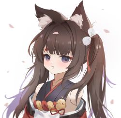 Rule 34 | 1girl, :t, absurdres, amagi-chan (azur lane), animal ears, azur lane, blunt bangs, brown hair, commentary request, eyeshadow, fox ears, hair ribbon, highres, japanese clothes, kimono, long hair, looking at viewer, makeup, manjuu (azur lane), off shoulder, petals, pout, purple eyes, ribbon, rope, shimenawa, sidelocks, simple background, solo, thick eyebrows, twintails, white background, yuuri vv