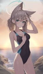 Rule 34 | 1girl, absurdres, animal ear fluff, animal ears, arms behind head, black one-piece swimsuit, blue archive, blue eyes, breasts, cleavage, commentary request, competition swimsuit, contrapposto, covered navel, cross hair ornament, extra ears, grey hair, hair ornament, halo, highres, horizon, low ponytail, medium breasts, medium hair, mismatched pupils, mokew, multicolored clothes, multicolored swimsuit, ocean, official alternate costume, one-piece swimsuit, rock, shiroko (blue archive), shiroko (swimsuit) (blue archive), solo, sunset, swimsuit, wolf ears