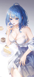 1girl absurdres bare_shoulders blue_eyes blue_hair bra breasts cake cake_slice cleavage dress food food_on_hand gradient_background hand_up highres medium_hair off_shoulder original parted_lips simple_background swkl:d tongue tongue_out two-tone_background underwear white_bra white_dress