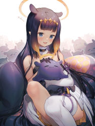 Rule 34 | 1girl, :3, :d, bare shoulders, black dress, black hair, blue eyes, blush, brown hair, closed eyes, closed mouth, commentary request, dress, feet out of frame, gradient hair, halo, highres, holding, hololive, hololive english, long hair, multicolored hair, ninomae ina&#039;nis, open mouth, petting, shinia, single thighhigh, smile, strapless, strapless dress, takodachi (ninomae ina&#039;nis), tentacles, thighhighs, twitter username, very long hair, virtual youtuber, white background, white thighhighs