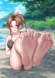Rule 34 | 1girl, absurdres, blush, brown hair, character request, feet, highres, oirin, open mouth, purple eyes, solo, toes