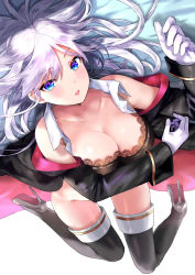 Rule 34 | 1girl, absurdres, azur lane, bare shoulders, black bra, black coat, black necktie, blue eyes, blush, bottomless, bra, breasts, coat, collarbone, denchu (kazudentyu), enterprise (azur lane), gloves, high heels, highres, lace, lace-trimmed bra, lace trim, large breasts, long hair, looking at viewer, lying, necktie, off shoulder, on back, open mouth, shirt, silver hair, skirt, sleeve cuffs, sleeveless, sleeveless shirt, solo, thighhighs, underwear, very long hair, white gloves, white shirt