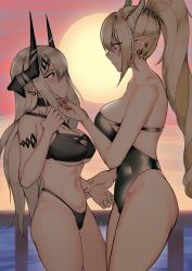 Rule 34 | 2girls, absurdres, arknights, bikini, bikini bottom only, breasts, cleavage, demon girl, demon horns, grabbing another&#039;s chin, grabbing another&#039;s hand, hand on another&#039;s chin, height difference, highres, holding another&#039;s wrist, horns, large breasts, long hair, mole, mole under eye, mudrock (arknights), mudrock (silent night) (arknights), multiple girls, official alternate costume, one-piece swimsuit, pier, pointy ears, shining (arknights), shining (silent night) (arknights), sunset, swimsuit, thighs, white hair, yamada (894921678), yuri