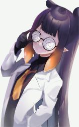 Rule 34 | 1girl, absurdres, adjusting eyewear, black gloves, black hair, black shirt, closed mouth, coat, coke-bottle glasses, collared shirt, glasses, gloves, hand on eyewear, highres, hime cut, hololive, hololive english, lab coat, long hair, long sleeves, maru ccy, multicolored hair, necktie, ninomae ina&#039;nis, open clothes, open coat, orange hair, pointy ears, shirt, simple background, solo, tentacle hair, upper body, virtual youtuber, white coat, yellow necktie