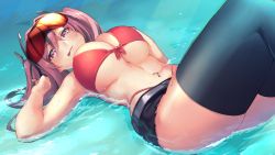 Rule 34 | 1girl, :q, azur lane, bare shoulders, belt, bikini, black shorts, blue thighhighs, breasts, bremerton (azur lane), cleavage, commentary, cowboy shot, crossed bangs, cutoffs, eyewear on head, front-tie bikini top, front-tie top, grey belt, grey hair, hair between eyes, hair intakes, hair ornament, hand in own hair, hand on own chest, highleg, highleg bikini, highres, knees up, large breasts, long hair, looking at viewer, lying, lying on water, midriff, multicolored hair, navel, navel piercing, no jacket, no mole, no shirt, on back, partially submerged, piercing, pink bikini, pink eyes, pink hair, red-tinted eyewear, shimotsuki shio, short shorts, shorts, sidelocks, smile, solo, streaked hair, sunglasses, sunglasses on head, swimsuit, thighhighs, tinted eyewear, tongue, tongue out, twintails, two-tone hair, underboob, wet