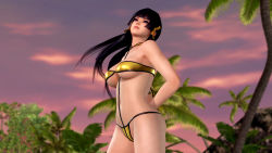 Rule 34 | 1girl, 3d, bikini, black hair, breasts, dead or alive, dead or alive 5, dead or alive xtreme 3 fortune, dead or alive xtreme beach volleyball, female focus, large breasts, long hair, nature, nyotengu, official art, outdoors, plant, sky, solo, sunset, swimsuit, tecmo, underboob