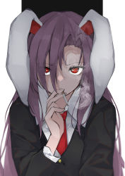 Rule 34 | 1girl, absurdres, animal ears, black background, black jacket, blazer, blurry, buttons, cigarette, collared shirt, commentary request, hair between eyes, hand up, highres, hisha (kan moko), jacket, light purple hair, long hair, long sleeves, looking at viewer, necktie, parted bangs, rabbit ears, red eyes, red necktie, reisen udongein inaba, serious, shirt, sidelocks, simple background, smoke, smoking, solo, touhou, upper body, white background, white shirt