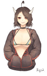 Rule 34 | 1girl, ahoge, bikini, bikini top only, bikini under clothes, black hair, breasts, choker, cleavage, female focus, grin, hair over one eye, hands in pockets, hood, hood down, hoodie, horns, large breasts, looking at viewer, navel, original, red eyes, ryuji (red-truth), short hair, smile, solo, swimsuit, swimsuit under clothes, underboob, unzipped, upper body, white background