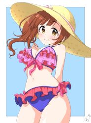 Rule 34 | 1girl, arms behind back, bare shoulders, bikini, blue background, blush, border, breasts, brown eyes, brown hair, cleavage, closed mouth, cowboy shot, dot nose, frilled bikini, frills, front-tie bikini top, front-tie top, funxy k, hand up, hat, hat ribbon, highres, idolmaster, idolmaster cinderella girls, idolmaster cinderella girls starlight stage, igarashi kyoko, long hair, looking at viewer, medium breasts, navel, outside border, pink ribbon, ribbon, side-tie bikini bottom, side ponytail, signature, simple background, smile, solo, standing, straw hat, swimsuit, two-tone bikini, white border