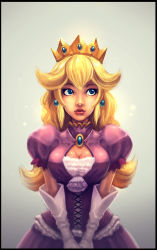 Rule 34 | 1girl, blonde hair, blue eyes, breasts, cleavage, cleavage cutout, clothing cutout, crown, earrings, female focus, fred-h, gloves, highres, jewelry, laces, lips, long hair, mario (series), nintendo, princess peach, solo