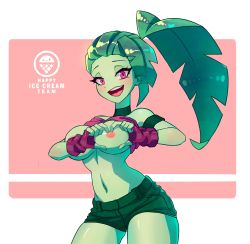 Rule 34 | absurdres, arm strap, artist name, bare shoulders, black choker, black gloves, blush, breasts, breasts out, choker, clothes lift, colored skin, eyelashes, fingerless gloves, gloves, green hair, green skin, happy ice cream team, heart, heart hands, highres, large breasts, menta (happy ice cream team), navel, nipples, no bra, open mouth, original, ponytail, purple eyes, shirt lift, short shorts, shorts, smile, stomach, teeth, thick thighs, thighs, tongue
