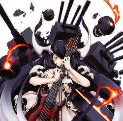 Rule 34 | 10s, 1girl, abyssal ship, anchorage water oni, bad id, bad pixiv id, bare shoulders, black hair, breasts, burnt clothes, cannon, colored skin, dress, electric guitar, enemy aircraft (kancolle), guitar, horns, instrument, kantai collection, long hair, overskirt, pale skin, pectong, red eyes, schecter guitar research, simple background, solo, turret, very long hair, white dress, white skin
