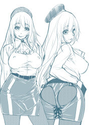 Rule 34 | 10s, 1girl, ass cutout, atago (kancolle), belt, beret, blush, breasts, clothing cutout, covered erect nipples, fishnets, g-string, hand on own hip, hat, highres, kantai collection, kuroishi ringo, large breasts, long hair, looking back, miniskirt, monochrome, multiple views, panties, pantyhose, side slit, skirt, smile, spanking skirt, tareme, thong, underwear