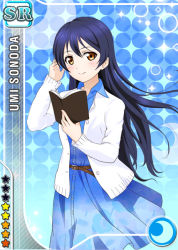 Rule 34 | 10s, 1girl, blue dress, blue hair, blue theme, book, brown eyes, card (medium), cardigan, casual, character name, dress, long hair, love live!, love live! school idol festival, love live! school idol project, official art, open book, open cardigan, open clothes, solo, sonoda umi