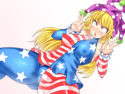 Rule 34 | 1girl, blonde hair, bodysuit, bound, censored, clownpiece, covered erect nipples, gradient background, hisui (stapspats), mosaic censoring, pussy, solo, tagme, touhou