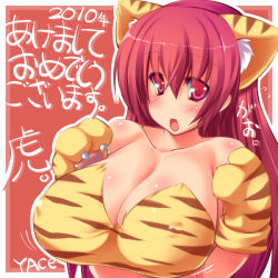 Rule 34 | 1girl, animal ears, animal hands, animal print, bad id, bad pixiv id, bare shoulders, blush, breasts, cat ears, cat girl, cleavage, covered erect nipples, female focus, gloves, huge breasts, large breasts, long hair, open mouth, paw gloves, red eyes, red hair, solo, tiger print, yace