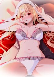 Rule 34 | 1girl, absurdres, azur lane, blonde hair, bra, breasts, cleavage, coif, cowboy shot, cross, from above, highres, kersaint (azur lane), lace, lace-trimmed bra, lace-trimmed panties, lace trim, large breasts, lingerie, long hair, looking at viewer, lying, nun, on back, on bed, origami aya, panties, red eyes, red trim, spread legs, strapless, strapless bra, underwear, underwear only, v, white bra, white panties