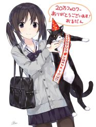 Rule 34 | 1girl, amagai tarou, animal, bag, bow, bowtie, brown hair, cardigan, cat, hat, highres, holding, holding animal, holding cat, original, pantyhose, party hat, purple bow, purple bowtie, sash, school bag, school uniform, shoulder sash, simple background, skirt, solo, twintails, white background