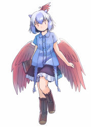 Rule 34 | 1girl, :|, adapted costume, alternate costume, backlighting, bare arms, bird girl, bird wings, black skirt, blue hair, blue horns, blue shirt, blush, book, boots, brown footwear, casual, center frills, closed mouth, collared shirt, dress shirt, expressionless, eyes visible through hair, feathered wings, frilled footwear, frilled skirt, frills, full body, hair between eyes, head tilt, head wings, holding, holding book, horns, knee boots, leg up, light blue hair, looking at viewer, low wings, multicolored hair, no nose, rangycrow, red eyes, red wings, shirt, short sleeves, simple background, single head wing, skirt, solo, standing, tokiko (touhou), touhou, two-tone hair, white background, wing collar, wings, wrist extended, | |