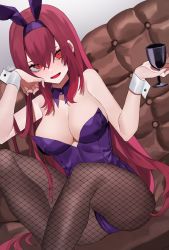 Rule 34 | animal ears, bebe (bebe pp), breasts, couch, cup, cupping glass, detached collar, fake animal ears, fate/grand order, fate (series), fishnet pantyhose, fishnets, hair intakes, highres, holding, holding cup, large breasts, leotard, long hair, official alternate costume, pantyhose, playboy bunny, purple hair, rabbit ears, red eyes, scathach (fate), scathach (piercing bunny) (fate), solo, strapless, strapless leotard, wrist cuffs
