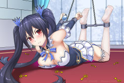Rule 34 | 1girl, artist name, bdsm, black hair, blush, bondage, bound, breast press, breasts, cleavage, dress, feet, hair ribbon, key, large breasts, legs, long hair, neptune (series), noire (neptunia), red eyes, ribbon, skirt, solo, thighs, twintails
