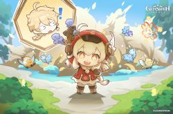Rule 34 | !, 1boy, 1girl, absurdres, aether (genshin impact), bird, blonde hair, blue sky, blurry, blurry background, boots, braid, braided ponytail, brown gloves, bush, chibi, child, coat, commentary, copyright name, day, dodoco (genshin impact), earrings, english commentary, explosion, fish, flying sweatdrops, full body, fur-trimmed coat, fur trim, genshin impact, gloves, hair between eyes, hat, highres, holding, jewelry, klee (genshin impact), lake, long sleeves, official art, open mouth, outdoors, pointy ears, red coat, red headwear, single earring, sky, smile, sparkle, sparkling eyes, standing, sweatdrop, symbol-shaped pupils, teeth, tree, upper teeth only, water