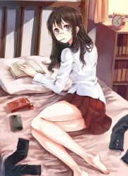 Rule 34 | 1girl, bad id, bad pixiv id, barefoot, bed, blush, book, cellphone, feet, food, glasses, mouth hold, open book, original, parsley-f, phone, pocky, reading, school uniform, solo, thighhighs