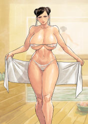 Rule 34 | 1girl, absurdres, alternate breast size, areola slip, bikini, breasts, brown hair, capcom, chun-li, cirenk, cleavage, commentary request, covered erect nipples, double bun, earrings, hair bun, hair ribbon, highres, holding, holding towel, huge breasts, jewelry, long legs, looking at viewer, mirror, navel, reflection, ribbon, sauna, short hair, solo, standing, steam, strapless, strapless bikini, street fighter, sweatdrop, swept bangs, swimsuit, thick thighs, thigh gap, thighs, towel, underboob, wet, wet clothes, white bikini, wooden floor