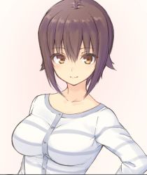 Rule 34 | 10s, 1girl, breasts, casual, closed mouth, commentary request, girls und panzer, grey shirt, long sleeves, looking at viewer, medium breasts, nishizumi maho, shirt, short hair, smile, solo, standing, striped clothes, striped shirt, upper body, uro (urotanc), white shirt