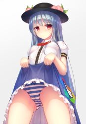 Rule 34 | 1girl, black hat, blue hair, blue skirt, bow, bow panties, bowtie, breasts, buttons, cameltoe, closed mouth, clothes lift, collared shirt, covered erect nipples, cowboy shot, food, frilled skirt, frills, fruit, hat, hinanawi tenshi, holding, holding clothes, holding skirt, lifted by self, long hair, looking at viewer, munuu, panties, pantyshot, peach, puffy short sleeves, puffy sleeves, pulled by self, rainbow order, red bow, red bowtie, red eyes, shirt, short sleeves, simple background, skirt, skirt lift, small breasts, solo, standing, striped clothes, striped panties, tearing up, tears, touhou, underwear, very long hair, white background, white shirt, wing collar