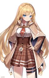 Rule 34 | 1girl, absurdres, alternate hair length, alternate hairstyle, blonde hair, blouse, blue eyes, blush, brown capelet, brown jacket, capelet, collared shirt, earrings, hair ornament, highres, hololive, hololive english, jacket, jewelry, long hair, looking at viewer, necktie, orobou, plaid, plaid skirt, red necktie, shirt, simon (ttgl), simple background, skirt, solo, thigh strap, very long hair, virtual youtuber, watch, watson amelia, white background, white shirt