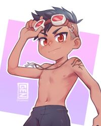 Rule 34 | 1boy, arm tattoo, child, commentary, commission, cowboy shot, cross, dark-skinned male, dark skin, english commentary, goggles, goggles on head, highres, justnetd, looking at viewer, male focus, navel, nipples, original, red eyes, simple background, smile, solo, tattoo, topless male