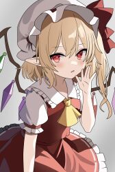 Rule 34 | 1girl, absurdres, arina stepanova, ascot, blonde hair, cowboy shot, flandre scarlet, frilled shirt collar, frilled skirt, frilled sleeves, frills, grey background, hat, hat ribbon, highres, long pointy ears, looking at viewer, medium hair, mob cap, multicolored wings, one side up, open mouth, pointy ears, puffy short sleeves, puffy sleeves, red eyes, red ribbon, red skirt, red vest, ribbon, shirt, short sleeves, simple background, skirt, skirt set, sleeve ribbon, solo, touhou, vest, white hat, white shirt, wings, yellow ascot