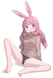 Rule 34 | 1girl, animal ears, bare legs, barefoot, black panties, breasts, brown eyes, brown sweater, chestnut mouth, feet, full body, hair ornament, hair scrunchie, highres, light blush, long hair, long sleeves, medium breasts, no pants, open mouth, original, panties, pink hair, rabbit ears, rabbit girl, red scrunchie, saiste, scrunchie, simple background, sitting, solo, spread legs, sweat, sweater, toes, turtleneck, turtleneck sweater, underwear, white background
