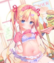 Rule 34 | 1girl, :o, american flag, apron, blonde hair, blue eyes, blush, bow, bow bra, bow panties, bra, breasts, burger, clothes lift, collared shirt, commentary request, curtains, fast food, food, french fries, frilled apron, frilled bra, frilled panties, frills, gloves, hair between eyes, hair ornament, hair ribbon, hairclip, hand up, heart, heart hair ornament, indoors, lifted by self, long hair, looking at viewer, navel, original, panties, parted bangs, parted lips, pink shirt, piyodera mucha, puffy short sleeves, puffy sleeves, purple bra, purple panties, red bow, red ribbon, ribbon, shirt, shirt lift, short sleeves, small breasts, solo, striped clothes, striped shirt, sweat, table, thighhighs, twintails, underwear, vertical-striped clothes, vertical-striped shirt, very long hair, waist apron, white apron, white gloves, white thighhighs, window, x hair ornament