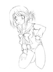Rule 34 | 00s, 1girl, bow, bowtie, folded ponytail, greyscale, kneeling, komaki manaka, looking at viewer, monochrome, panties, sailor collar, school uniform, short hair, simple background, solo, to heart (series), to heart 2, underwear, white background