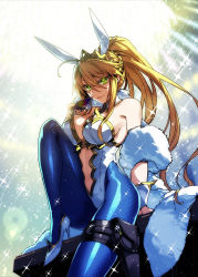 Rule 34 | 1girl, ahoge, animal ears, armored leotard, artoria pendragon (all), artoria pendragon (fate), artoria pendragon (swimsuit ruler) (fate), blonde hair, blue pantyhose, breasts, card, cleavage, commentary request, crown, detached collar, fake animal ears, fate/grand order, fate (series), feather boa, fishnet pantyhose, fishnets, green eyes, hair between eyes, high heels, highres, holding, holding card, holster, impossible clothes, impossible leotard, ishida akira, large breasts, leg up, leotard, long hair, necktie, pantyhose, playboy bunny, playing card, plunging neckline, ponytail, rabbit ears, solo, sparkle background, stiletto heels, stomach, thigh holster, white footwear, white leotard, wrist cuffs