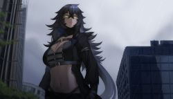Rule 34 | 1girl, bad id, bad twitter id, belt, black coat, blue hair, breasts, building, city, closed mouth, cloud, cloudy sky, coat, crossed bangs, derivative work, giant, giantess, godzilla, godzilla (2014), godzilla (series), hair between eyes, higanbana (fried chicken), highres, kaijuu, legendary pictures, long hair, long sleeves, midriff, monster girl, monsterverse, navel, personification, rain, reference work, scales, serious, sky, slit pupils, solo, standing, toho