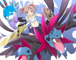 Rule 34 | 10s, 1girl, aegislash, azumarill, creatures (company), crossover, dragon, fangs, fur, game freak, gen 2 pokemon, gen 5 pokemon, gen 6 pokemon, hair ornament, holding, holding sword, holding weapon, hydreigon, kantai collection, looking at viewer, mtu (orewamuzituda), multiple heads, nintendo, one-eyed, open mouth, pink hair, pokemon, pokemon (creature), purple eyes, red eyes, riding, riding pokemon, sazanami (kancolle), shield, simple background, smile, swimsuit, sword, twintails, weapon, white background, wings