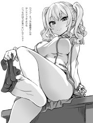 Rule 34 | 10s, 1girl, asanagi, ass, barefoot, between toes, blush, breasts, convenient leg, epaulettes, feet, female focus, foot focus, foreshortening, greyscale, kantai collection, kashima (kancolle), large breasts, miniskirt, monochrome, no headwear, no headwear, simple background, sitting, skirt, smile, sock dangle, sock pull, soles, solo, thighhighs, toes, translated, tsurime, twintails, undressing, white background