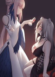 Rule 34 | 2girls, animal ears, arknights, black choker, black dress, blue feathers, blush, breasts, cartonbox (zhixiang zhi), ceylon (arknights), choker, cleavage, closed mouth, cup, dress, drinking glass, earrings, feather hair, feathers, glass, grey hair, hair ornament, highres, holding, holding cup, jewelry, large breasts, long hair, looking at another, multiple girls, pink hair, schwarz (arknights), serious, simple background, sitting, small breasts, standing, tail, white dress, wine glass, yellow eyes, yuri