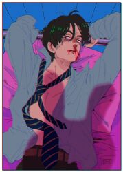 Rule 34 | 1boy, arms up, black hair, blood, blood on face, collared shirt, dress shirt, from above, half-closed eyes, kaneoya sachiko, lying, male focus, necktie, nosebleed, on back, on bed, open clothes, open shirt, original, parted lips, pillow, pole, scar, scar on chest, shadow, shirt, silhouette, solo focus, stitches, yoiko yokochou