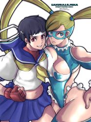 Rule 34 | 2girls, asymmetrical docking, black hair, blonde hair, blue eyes, breast press, breasts, brown eyes, capcom, cleavage, cleavage cutout, clothing cutout, gloves, hand on own hip, handkerchief, headband, heart, heart print, highres, kasugano sakura, large breasts, long hair, mask, crop top, multiple girls, rainbow mika, red eyes, rocohisaya, skirt, street fighter, thick thighs, thighs, twintails, wrestling outfit