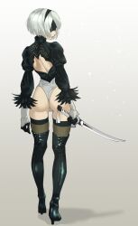 Rule 34 | 1girl, absurdres, ass, back cutout, black footwear, black hairband, blindfold, boots, clothing cutout, commentary, from behind, full body, gloves, gradient background, grey background, hairband, high heel boots, high heels, highres, holding, holding sword, holding weapon, juliet sleeves, long sleeves, nier (series), nier:automata, puffy sleeves, short hair, simple background, solo, standing, sword, tanabe (fueisei), thigh boots, thighhighs, thighhighs under boots, weapon, white hair, 2b (nier:automata)