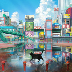 Rule 34 | animal focus, black cat, blue skirt, building, cat, cloud, cloudy sky, day, highres, no humans, nurie (siniariot), original, outdoors, overpass, pavement, puddle, reflection, ripples, road, scenery, sign, skirt, sky, skyscraper, stairs, street, water surface