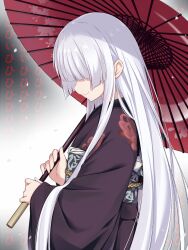 Rule 34 | 1girl, asagi nanami, black kimono, blunt bangs, closed mouth, commentary request, cowboy shot, floral print, from side, hair behind ear, hair over eyes, highres, holding, holding umbrella, japanese clothes, kimono, long hair, long sleeves, nie no hakoniwa, oil-paper umbrella, print kimono, profile, sidelocks, simple background, smile, solo, straight hair, translated, umbrella, under umbrella, very long hair, white background, white hair, wide sleeves, yasaka io