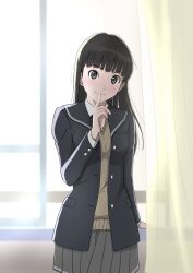 1girl amagami ayatsuji_tsukasa black_bow black_bowtie black_eyes black_hair black_jacket black_sailor_collar blazer bow bowtie closed_mouth cowboy_shot finger_to_mouth grey_skirt highres indoors jacket kero320 kibito_high_school_uniform long_hair long_sleeves looking_at_viewer pleated_skirt sailor_collar school_uniform skirt solo straight_hair sweater_vest window yellow_sweater_vest